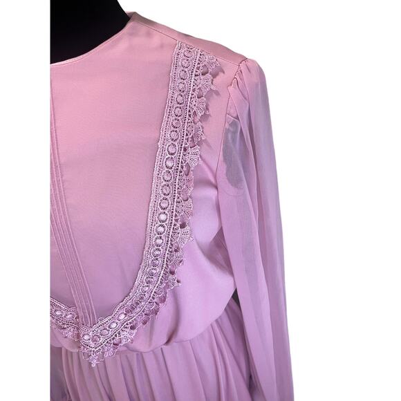 NWT Vintage 80s Amy Deb Mauve Pink Lace Chiffon Belted Dress 16 XLarge Cottage - Picture 3 of 6
